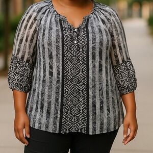 Fig‎ and Flower | Boho Sheer Lined Floral Geometric Black White Top Plus Size 1X